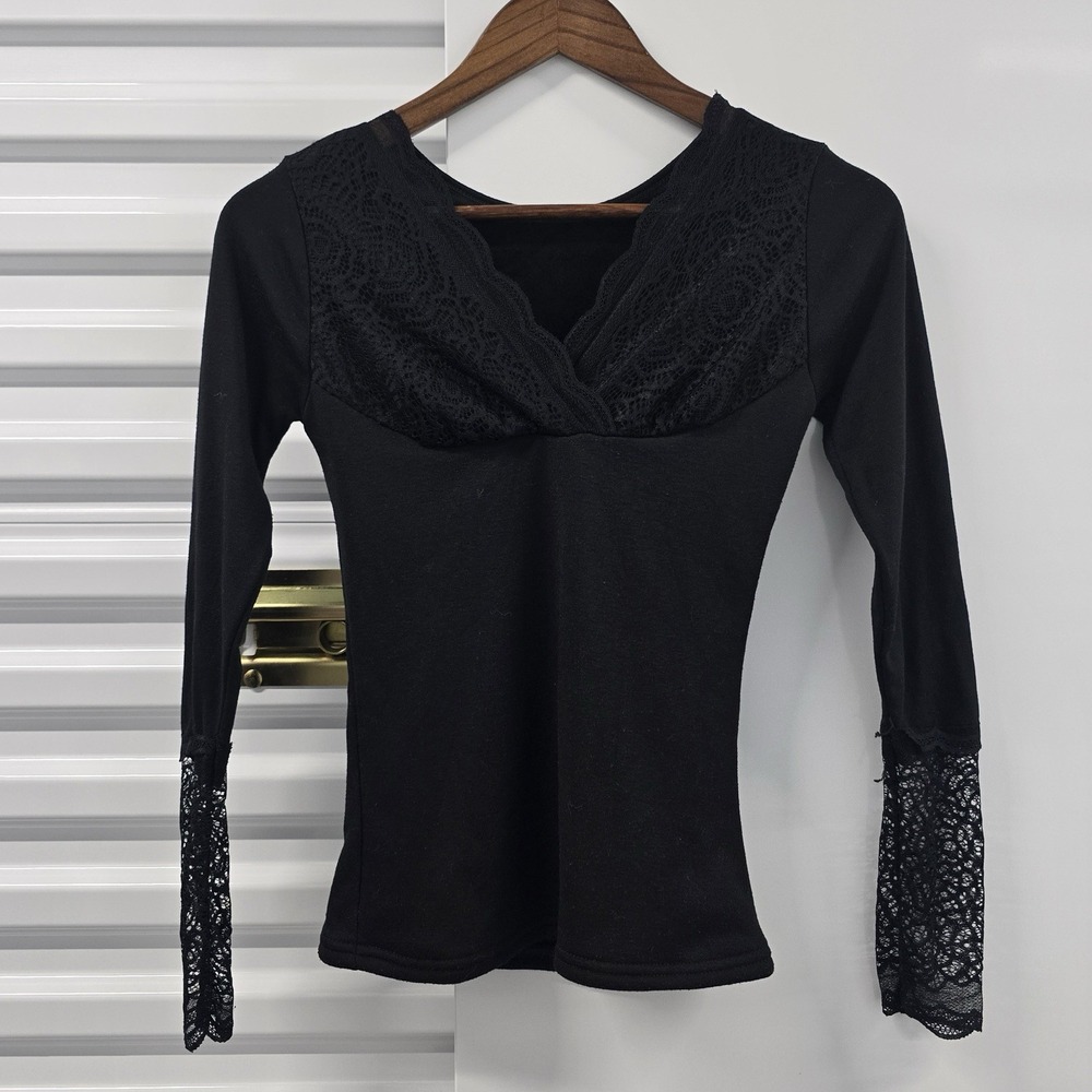 Women's Black Lace Long Sleeve Top Size 40 XS Small V Neck Goth Y2K